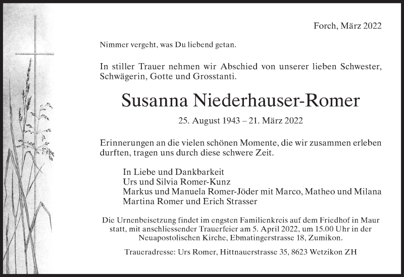 Traueranzeige für Susanna Niederhauser-Romer vom 31.03.2022 aus AvU