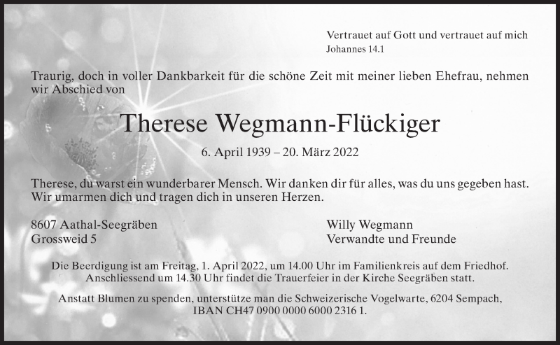  Traueranzeige für Therese Wegmann-Flückiger vom 23.03.2022 aus AvU