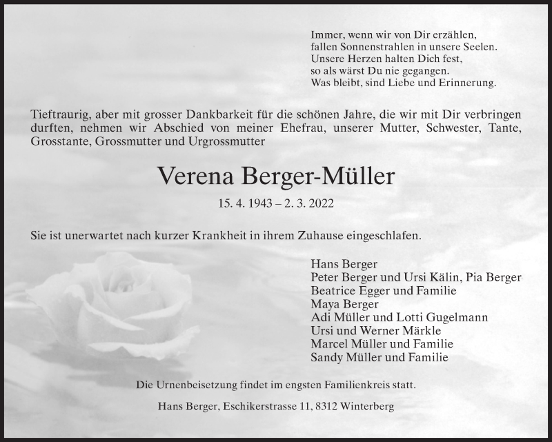  Traueranzeige für Verena Berger-Müller vom 09.03.2022 aus AvU