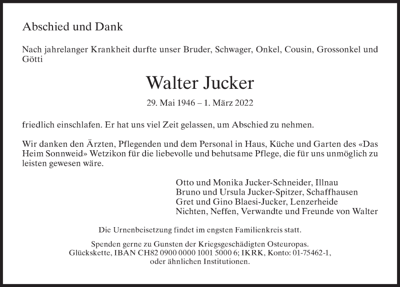  Traueranzeige für Walter Jucker vom 09.03.2022 aus AvU