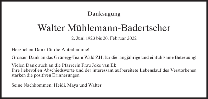  Traueranzeige für Walter Mühlemann-Badertscher vom 05.03.2022 aus AvU