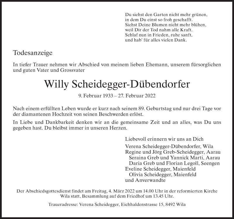  Traueranzeige für Willy Scheidegger-Dübendorfer vom 02.03.2022 aus AvU