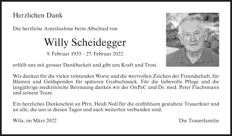  Traueranzeige für Willy Scheidegger vom 31.03.2022 aus AvU
