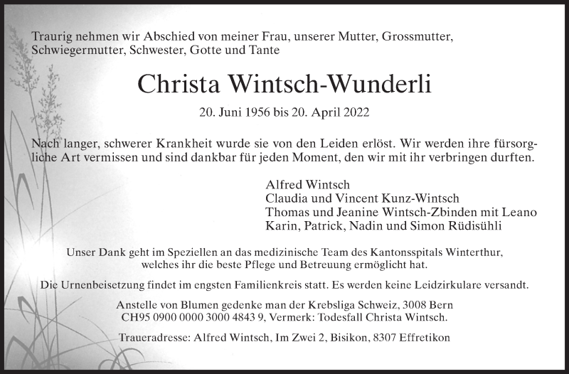  Traueranzeige für Christa Wintsch-Wunderli vom 28.04.2022 aus reg_5