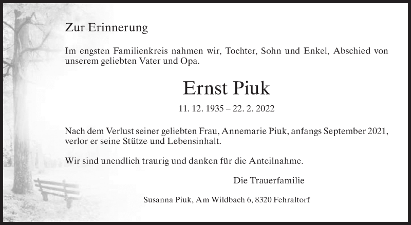  Traueranzeige für Ernst Piuk vom 06.04.2022 aus AvU
