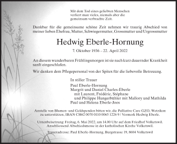 Traueranzeige von Hedwig Eberle-Hornung von AvU