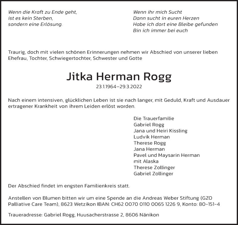  Traueranzeige für Jitka Herman Rogg vom 06.04.2022 aus AvU