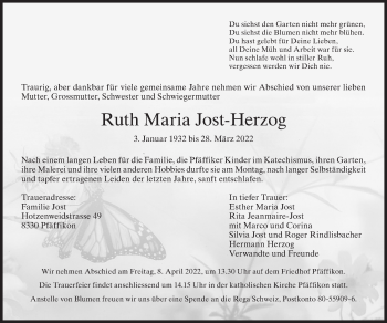 Traueranzeige von Ruth Maria Jost-Herzog von AvU