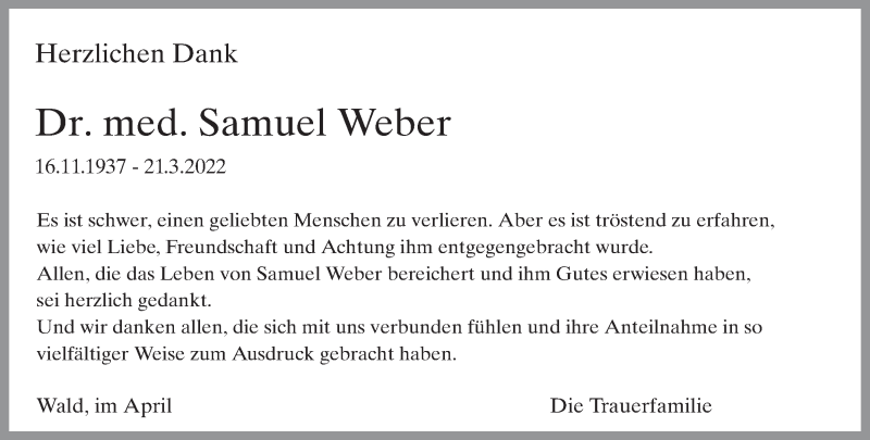  Traueranzeige für Samuel Weber vom 20.04.2022 aus AvU