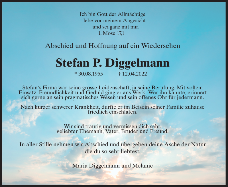  Traueranzeige für Stefan P. Diggelmann vom 20.04.2022 aus AvU