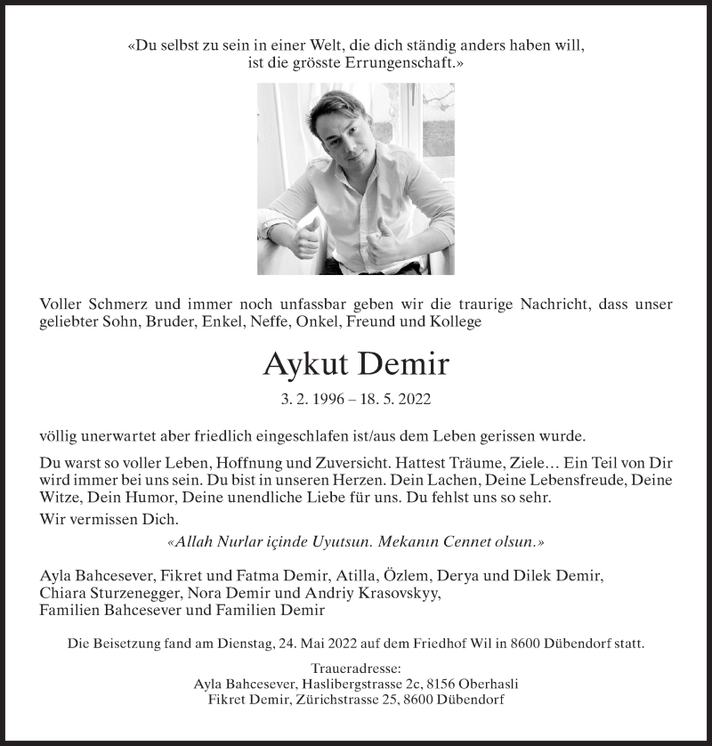  Traueranzeige für Aykut Demir vom 25.05.2022 aus AVU