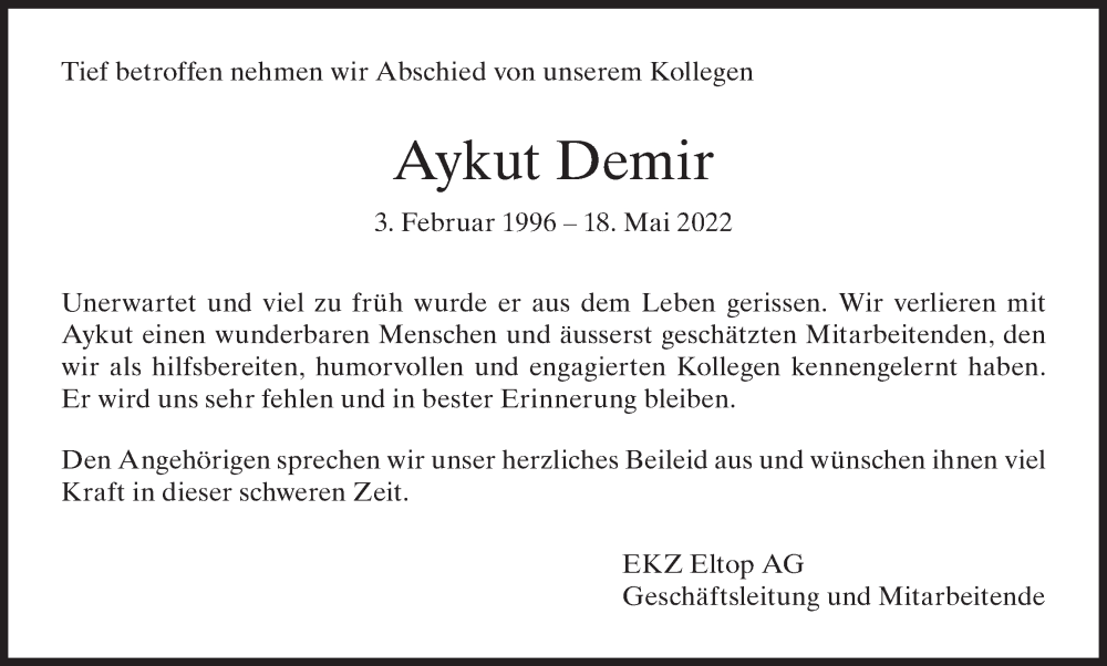 Traueranzeige für Aykut Demir vom 25.05.2022 aus AvU