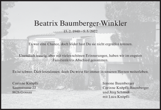 Traueranzeige von Beatrix Baumberger-Winkler von AvU