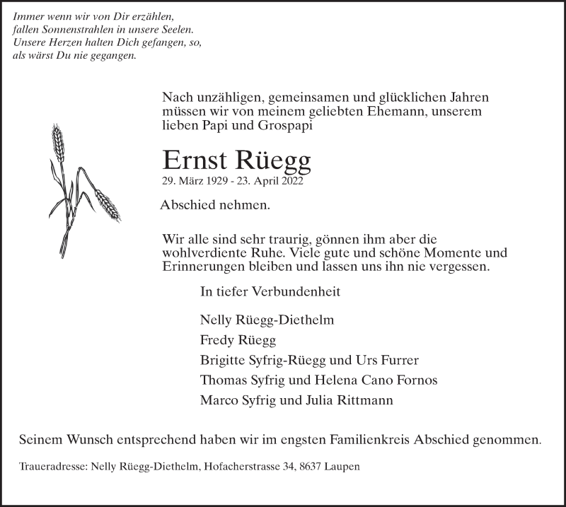  Traueranzeige für Ernst Rüegg vom 04.05.2022 aus AvU