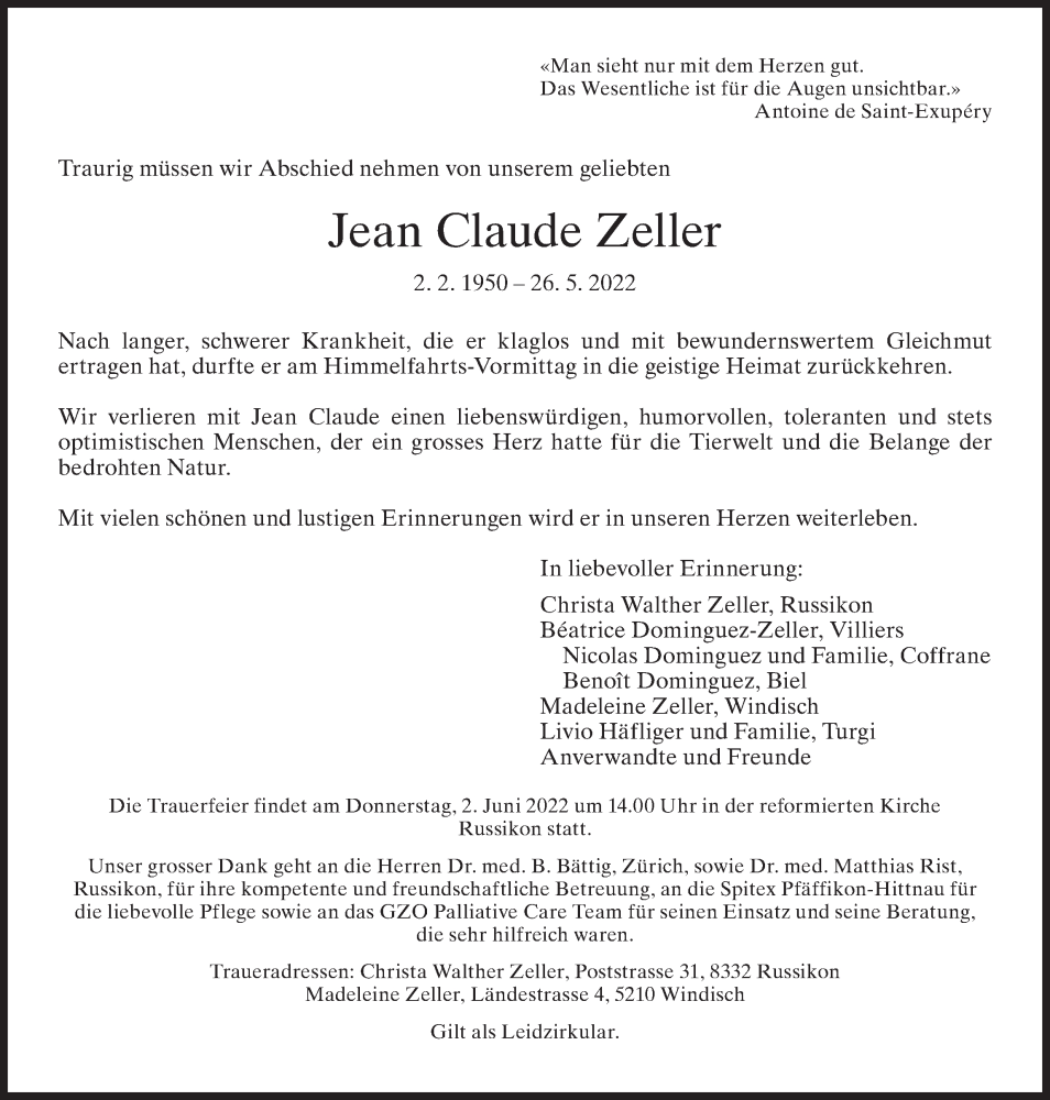  Traueranzeige für Jean Claude Zeller vom 01.06.2022 aus AvU