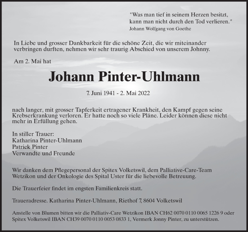  Traueranzeige für Johann Pinter-Uhlmann vom 04.05.2022 aus AvU