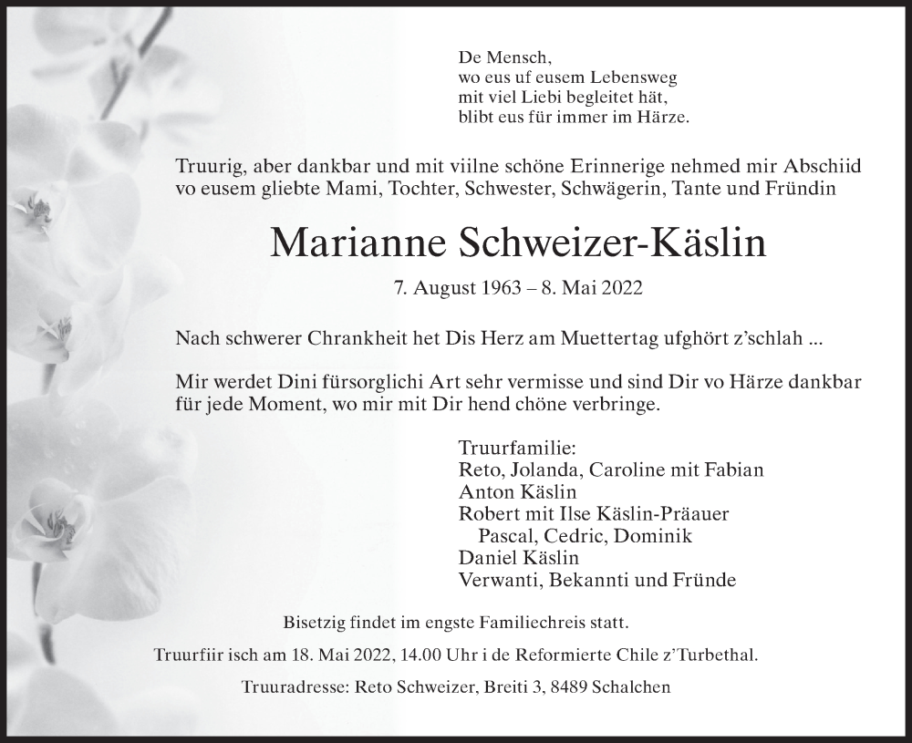  Traueranzeige für Marianne Schweizer-Käslin vom 11.05.2022 aus AvU