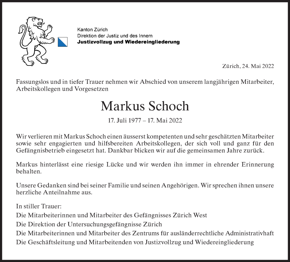  Traueranzeige für Markus Schoch vom 25.05.2022 aus AvU