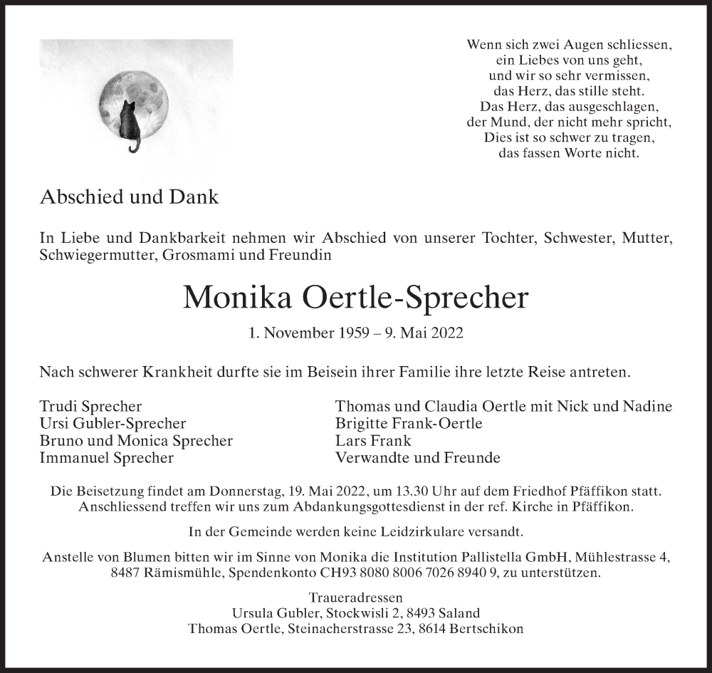  Traueranzeige für Monika Oertle-Sprecher vom 11.05.2022 aus AvU