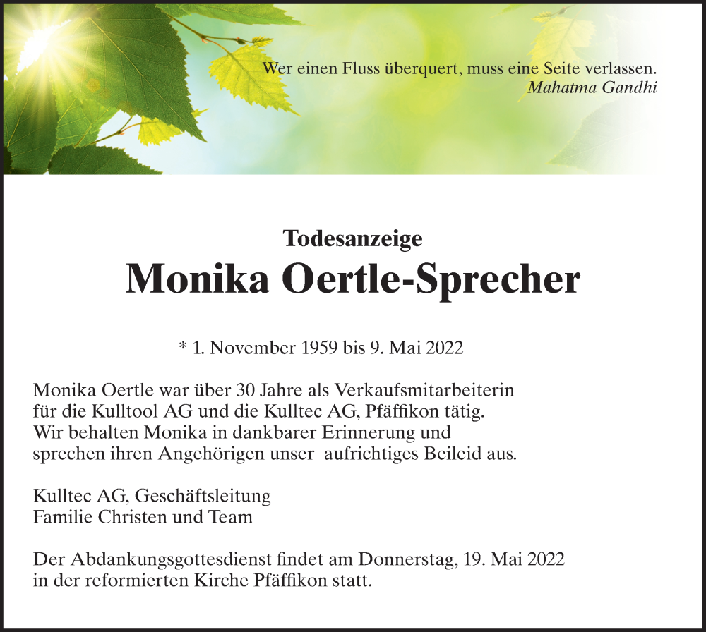  Traueranzeige für Monika Oertle-Sprecher vom 14.05.2022 aus AvU