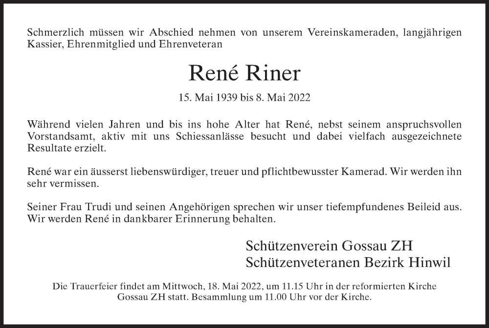  Traueranzeige für Rene Riner vom 13.05.2022 aus AvU