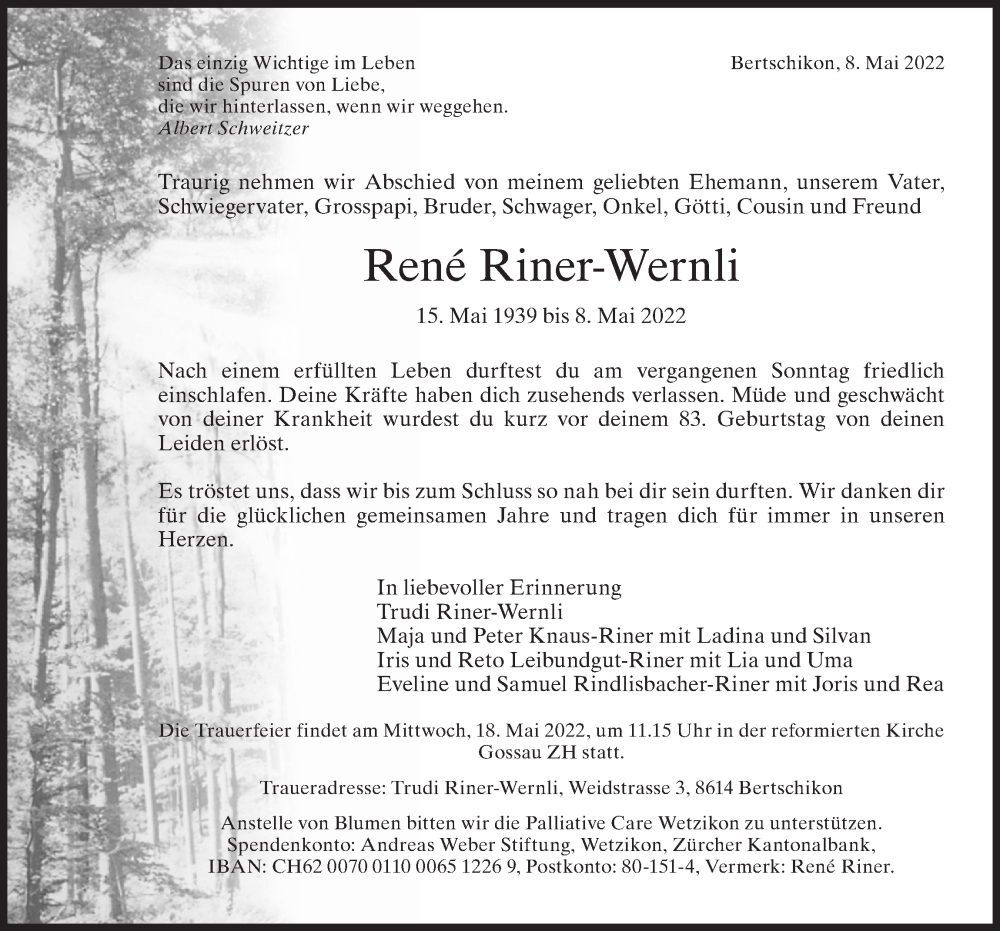  Traueranzeige für René Riner-Wernli vom 11.05.2022 aus AvU