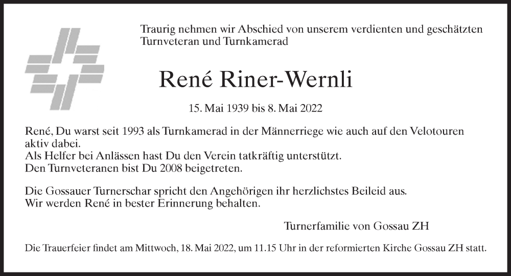  Traueranzeige für René Riner-Wernli vom 13.05.2022 aus AvU
