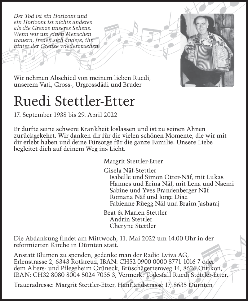  Traueranzeige für Ruedi Stettler-Etter vom 04.05.2022 aus AvU