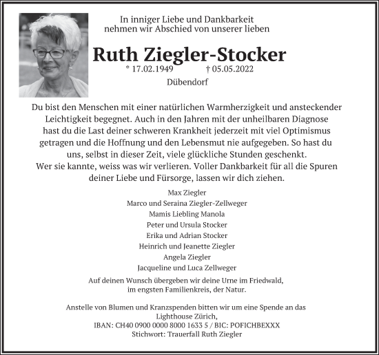 Traueranzeige von Ruth Ziegler-Stocker von VO solo