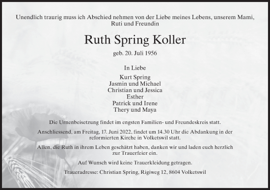 Traueranzeige von Ruth Spring Koller von AvU
