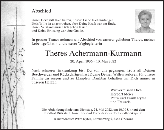 Traueranzeige von Theres Achermann-Kurmann von AvU