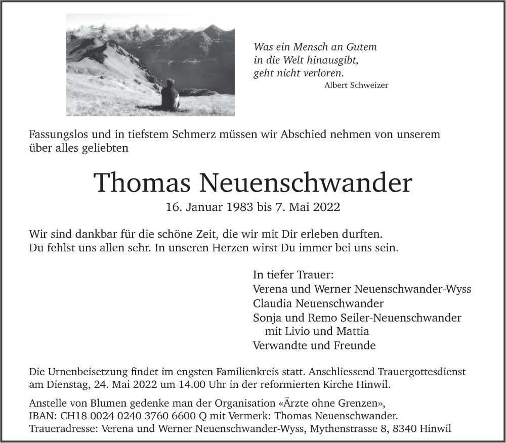  Traueranzeige für Thomas Neuenschwander vom 13.05.2022 aus AvU
