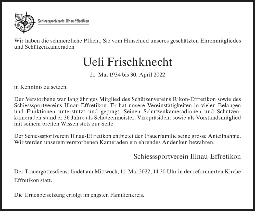  Traueranzeige für Ueli Frischknecht vom 10.05.2022 aus AvU