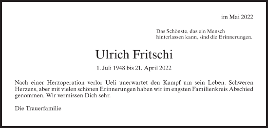Traueranzeige von Ulrich Fritschi von AvU