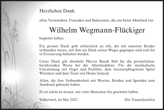 Traueranzeige von Wilhelm Wegmann-Flückiger von AvU