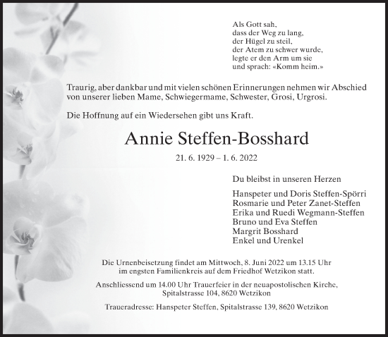 Traueranzeige von Annie Steffen-Bosshard von AvU