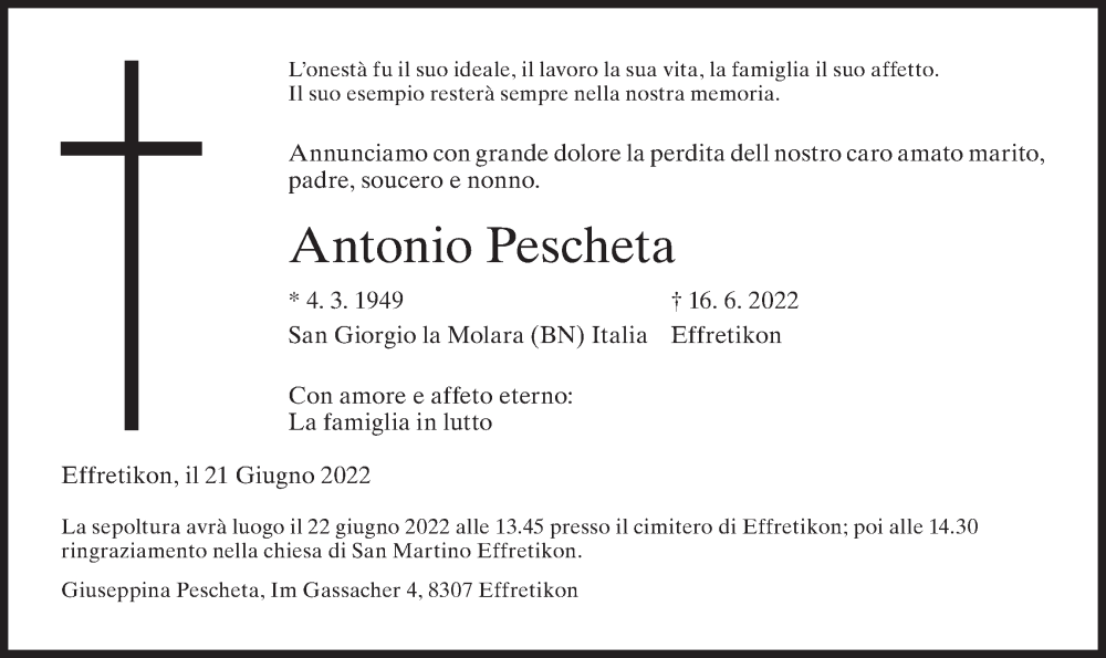  Traueranzeige für Antonio Pescheta vom 21.06.2022 aus AvU