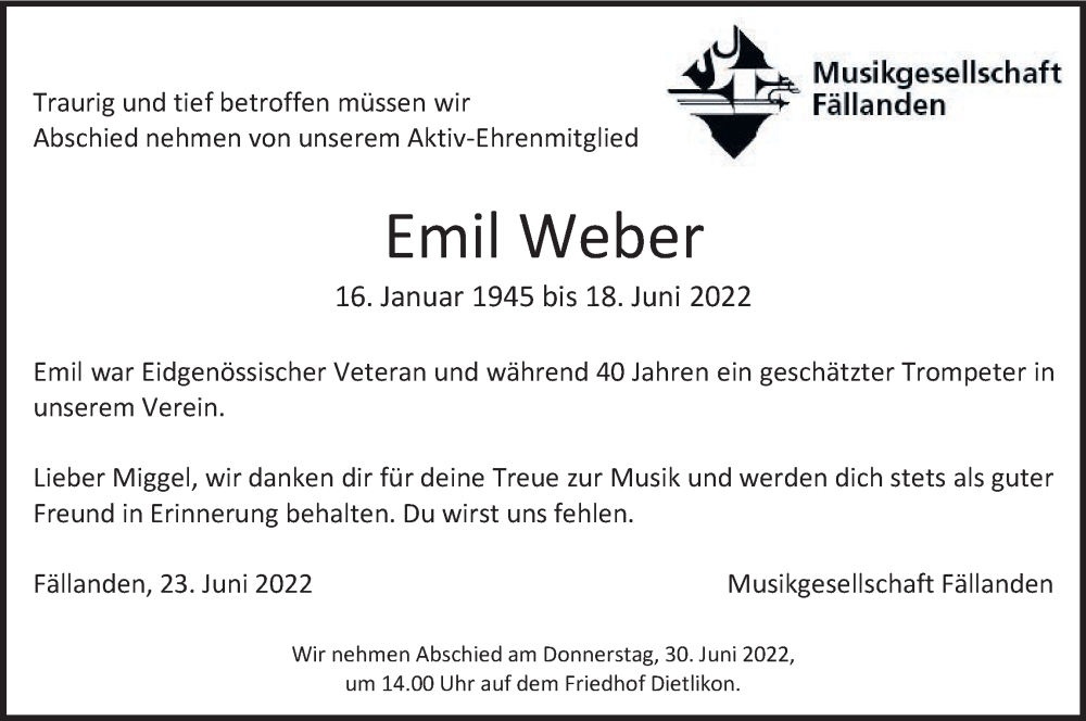  Traueranzeige für Emil Weber vom 24.06.2022 aus VO solo