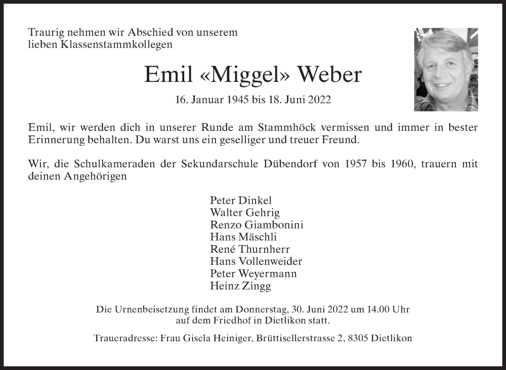  Traueranzeige für Emil Weber vom 24.06.2022 aus VO solo