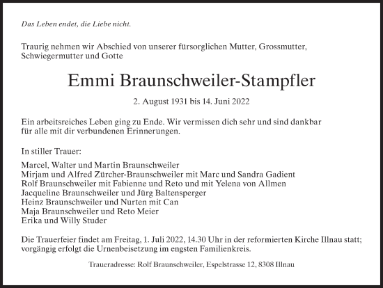 Traueranzeige von Emmi Braunschweiler-Stampfler von AvU