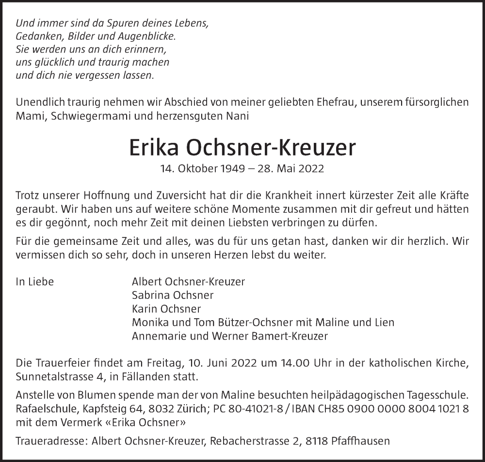  Traueranzeige für Erika Ochsner-Kreuzer vom 08.06.2022 aus AvU