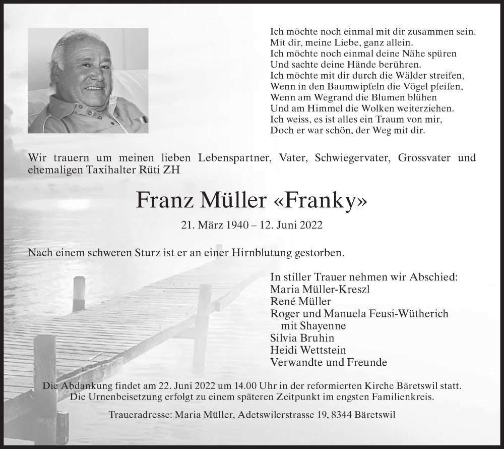  Traueranzeige für Franz Müller vom 15.06.2022 aus AvU