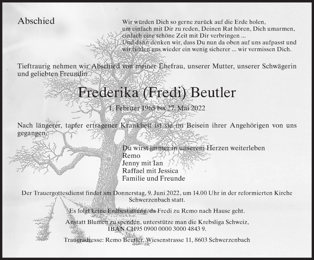  Traueranzeige für Frederika Beutler vom 03.06.2022 aus VO solo