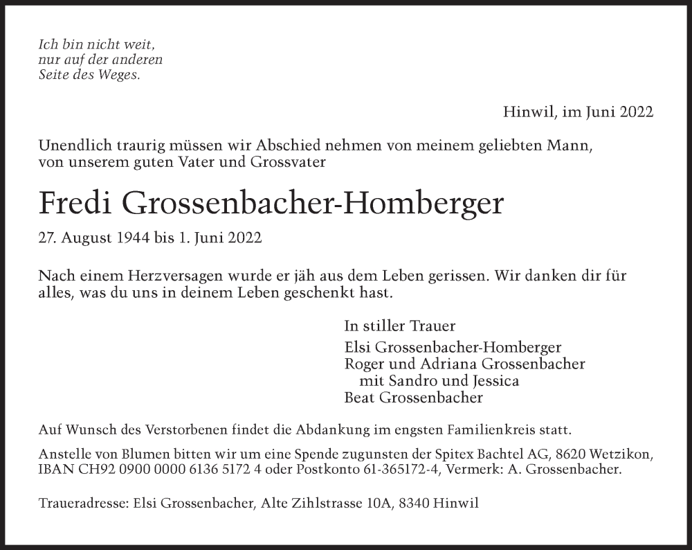  Traueranzeige für Fredi Grossenbacher-Homberger vom 08.06.2022 aus AvU
