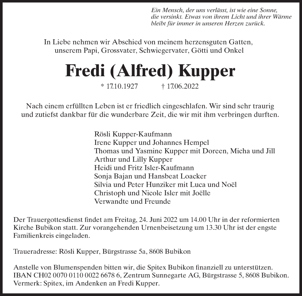  Traueranzeige für Fredi Kupper vom 22.06.2022 aus AvU
