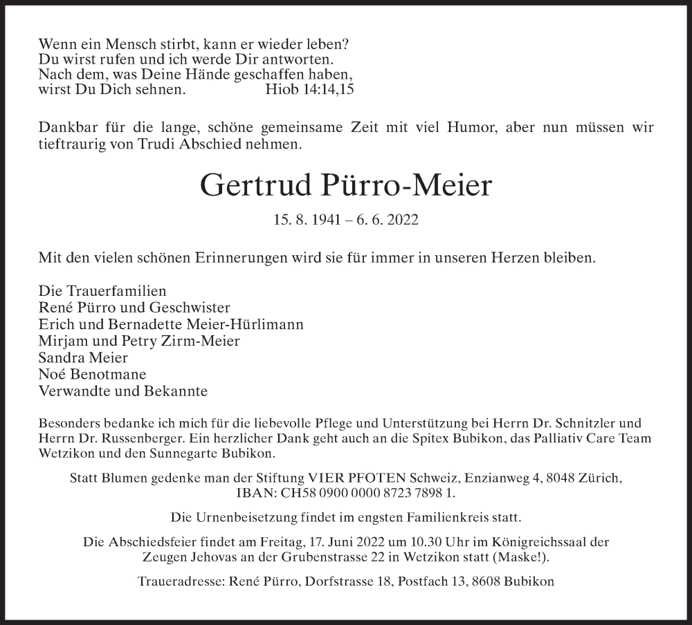  Traueranzeige für Gertrud Pürro-Meier vom 13.06.2022 aus AvU