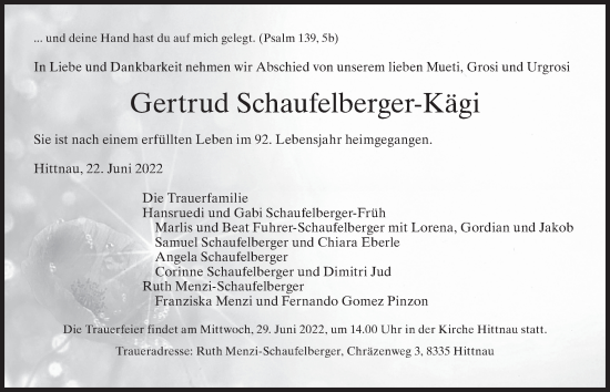 Traueranzeige von Gertrud Schaufelberger-Kägi von AvU
