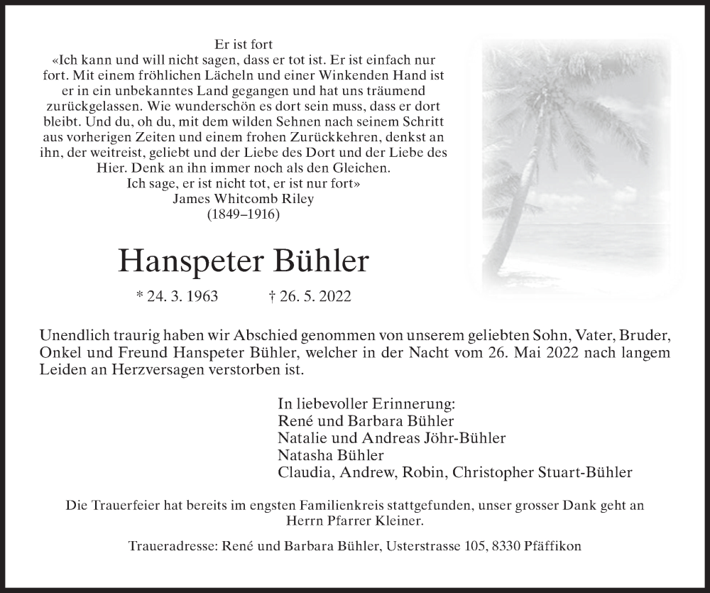  Traueranzeige für Hanspeter Bühler vom 15.06.2022 aus AvU
