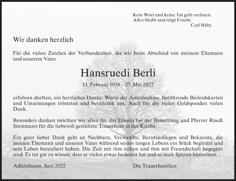  Traueranzeige für Hansruedi Berli vom 28.06.2022 aus AvU