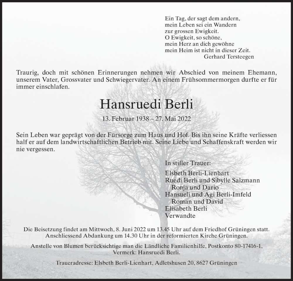  Traueranzeige für Hansruedi Berli vom 02.06.2022 aus AvU